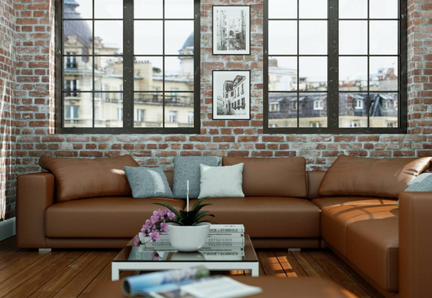 moderne Skandinavische interieur woonkamer met stenen muur - Foto, afbeelding