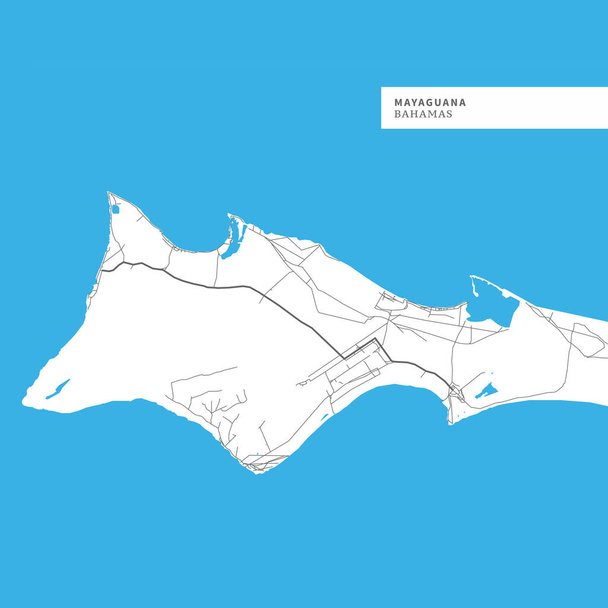 Карта острова Маягуана, Багамские Острова, содержит географические очертания для сухопутных масс, воды, основных дорог и малых дорог
. - Вектор,изображение