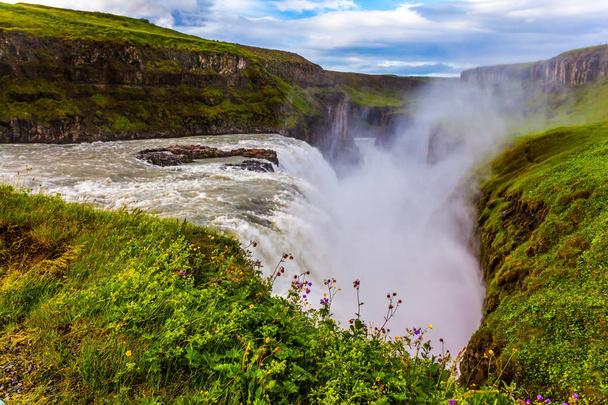 Huge masses of Gullfoss waterfall crashing into abyss, Iceland. - 写真・画像