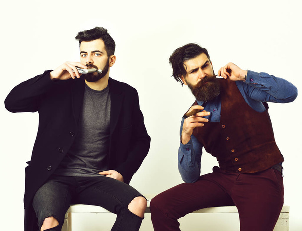 Two bearded mens, caucasian stylish hipsters with moustache - Fotoğraf, Görsel