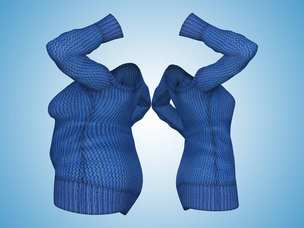 Εννοιολογική λίπος υπέρβαροι παχύσαρκα Γυναικεία πουλόβερ φόρεμα vs slim fit υγιές σώμα μετά από απώλεια βάρους ή δίαιτα λεπτή νεαρή γυναίκα με μπλε.  - Φωτογραφία, εικόνα