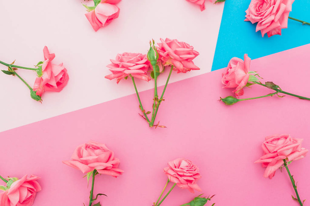 Вид зверху на квіти троянд на пастельному рожевому фоні
   - Фото, зображення