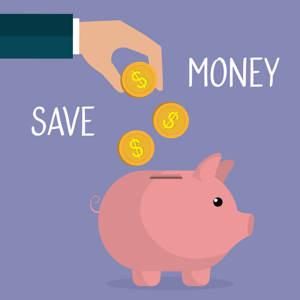 hand with coins and piggy savings - Vector, Image