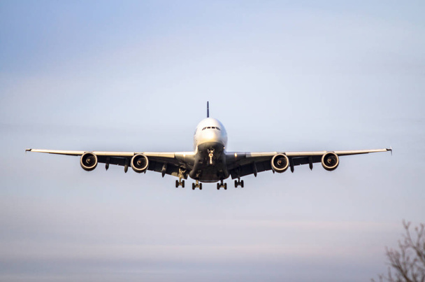 Front view of a jet airplane approaching an airport for landing - Photo, Image