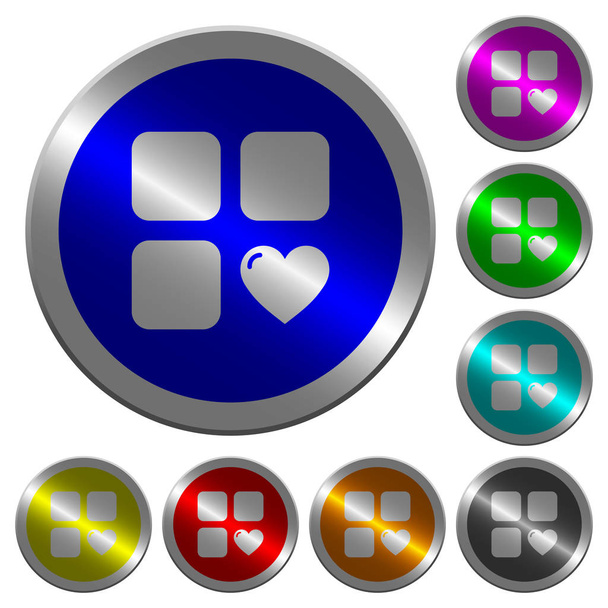 Iconos de componentes favoritos en botones redondos de acero de color parecido a monedas luminosas
 - Vector, Imagen