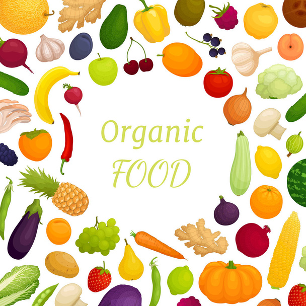 Vektorrahmen aus verschiedenem Gemüse und Obst. Vorlage für Lebensmittelrahmen mit Platz für Text. - Vektor, Bild