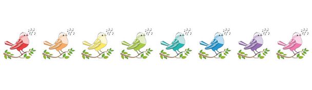 Ptaki śpiewające w rzędzie jak linia c dur - osiem rainbow kolorowe świergotem i śpiew i śpiew ptaków. Komiks ilustracja na białym tle. - Wektor, obraz
