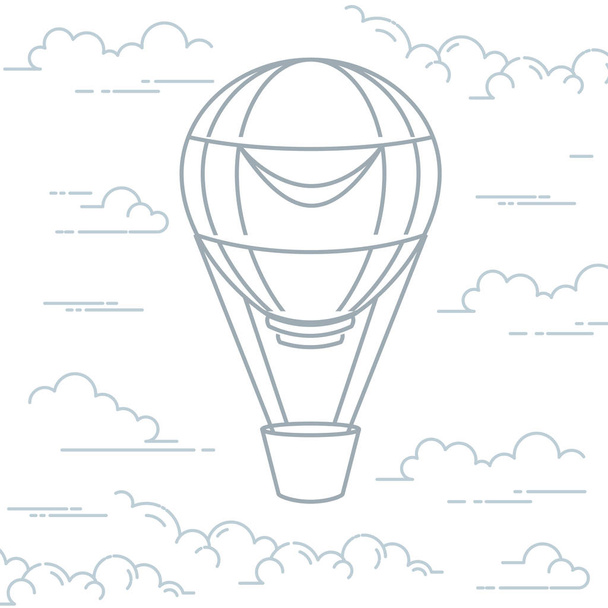 Romantic hot air balloon in clouds - airship in line art style - Vector, Image