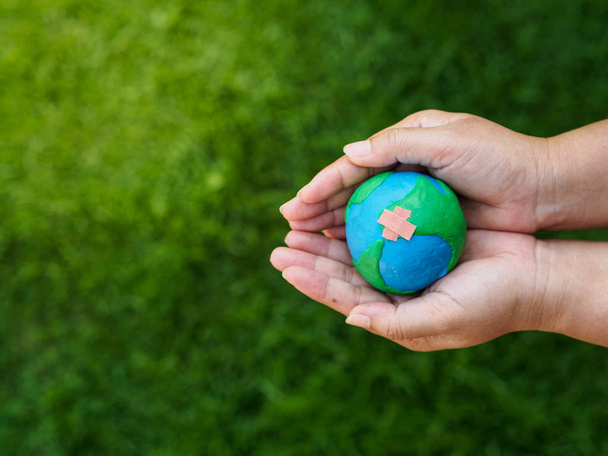 earth in hands and green grass field background. environment save earth concept. - Foto, immagini