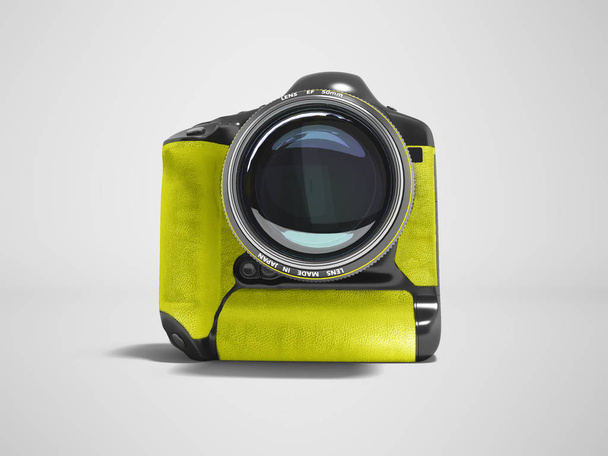 Moderni ammatillinen kamera ammatillinen ammunta luonnossa musta keltainen nahka insertit 3D tehdä harmaa tausta varjossa
 - Valokuva, kuva