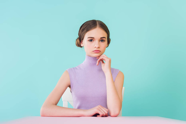 beautiful stylish teen girl sitting at table  - Valokuva, kuva