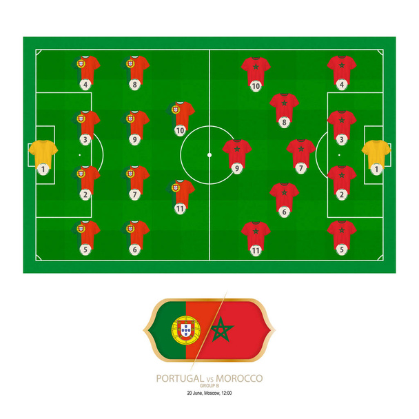 Voetbalwedstrijd Portugal ten opzichte van Marokko. Portugal voorkeur systeem line-up 4-4-2, Marokko voorkeur systeem line-up 4-5-1. - Vector, afbeelding