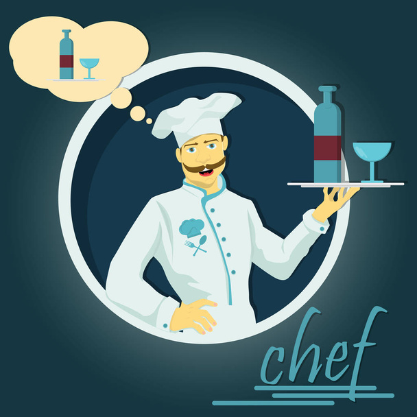 illustrazione vettoriale di uno chef in giacca e cravatta che tiene un vassoio con una bottiglia e un bicchiere e pensa al design circolare delle bevande
 - Vettoriali, immagini