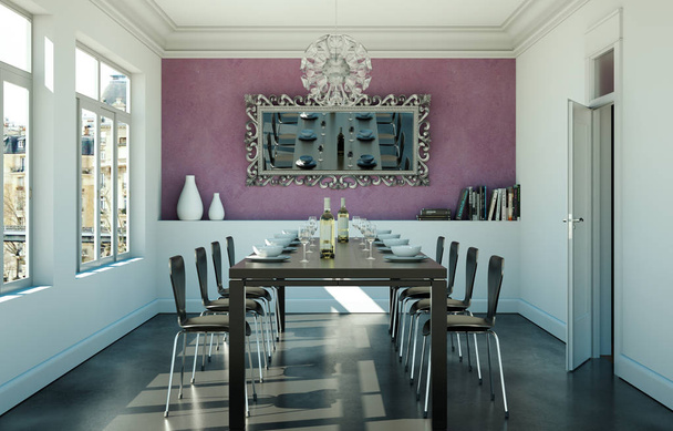 Sala da pranzo interior design con parete rosa
 - Foto, immagini