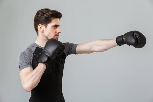 Obrazu bokser koncentratu młodego sportowca, stojąc na białym tle nad tło szare ściany zrobić ćwiczenia bokserskie w rękawiczkach. - Zdjęcie, obraz