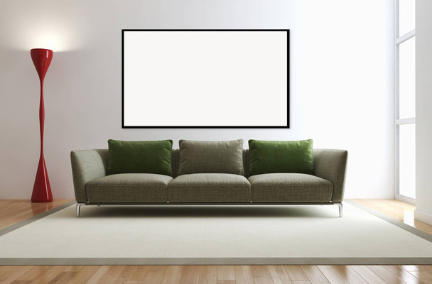 Moderno apartamento de interiores luminosos con marco de póster maqueta representación 3D ilustración
 - Foto, imagen