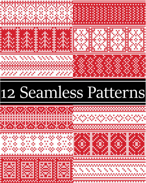 12 skandinávském stylu vektorové vzory inspirované norské vánoční, sváteční zimní bezešvé vzor v cross steh s srdce, sněhové vločky, vánoční strom, sníh, dekorativní ornamenty v červené barvě, bílá  - Vektor, obrázek