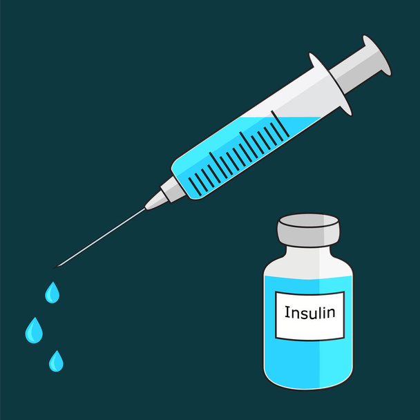 orvosi fecskendő, tűvel folyadékot csepp és inzulin injekciós üveg, egyszerű lapos stílusú ikon fogalmának cukorbetegség injekció, elszigetelt vektoros illusztráció - Vektor, kép