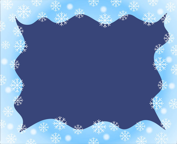 vector christmas border blue white waved frame covered by snow flakes nad snow ball on dark blue background - Vector, Image
