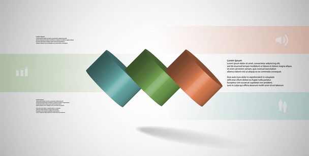 3D Illustration Infografik Vorlage mit Motiv von horizontal geschnittenen Zylinder auf drei Farbteile, die verschüttet werden. einfaches Zeichen und Text ist in farbigen Bannern. Hintergrund ist hellgrau. - Vektor, Bild