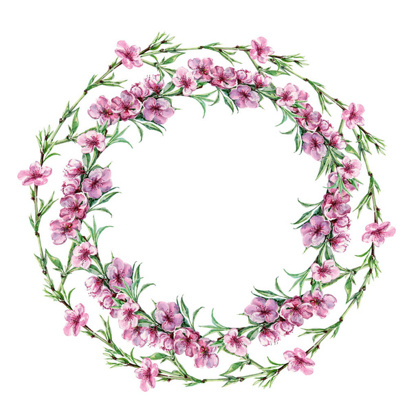 Watercolor blossoming peach. Illustration of wreath for design. White background.  - Φωτογραφία, εικόνα