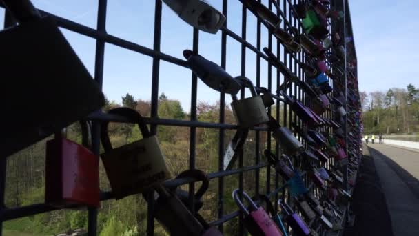 Closed Padlocks Hanging Bridge Fence, Love Couple or Friendship Forever Concept - Footage, Video