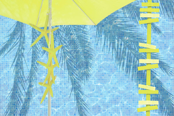 Jaune parasol flèches jaune étoile de mer humeur ad espace été station thème fond
 - Photo, image