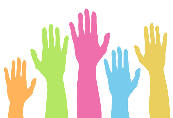 Поднимая красочные руки вверх силуэт в пастельном цвете, простой вектор, команда, отношения или голосование концепции
 - Вектор,изображение