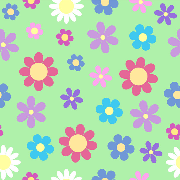 cute stylized daisy flower seamless pattern on bright pastel colors on green background, vector eps10 - Wektor, obraz