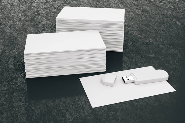 3d blank white business cards and usb memory stick - Φωτογραφία, εικόνα