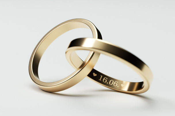 Anéis de casamento dourados isolados com data 16. Junho
 - Foto, Imagem