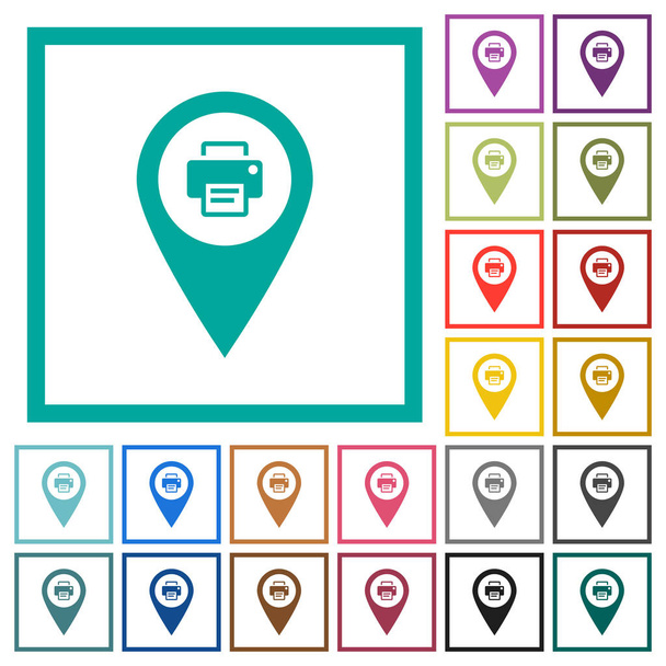 Imprimir GPS mapa ubicación iconos de color plano con marcos de cuadrante sobre fondo blanco
 - Vector, Imagen