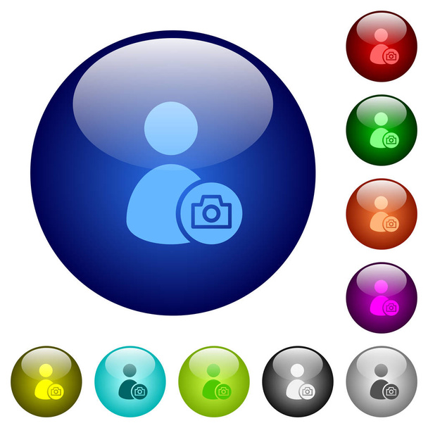 Account profile photo icons on round color glass buttons - Vetor, Imagem