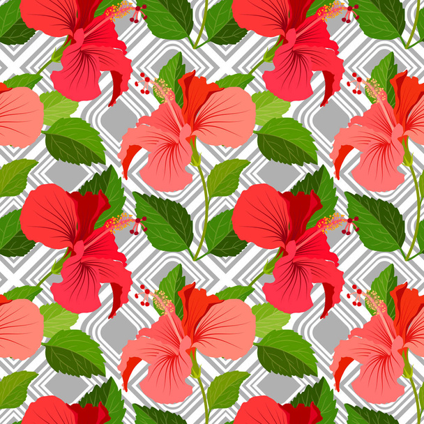 Mooie naadloze floral jungle patroon achtergrond. De achtergrond van de heldere kleur van tropische bloemen. Hibiscus bloem realistische vector herhaalbare ontwerp. - Vector, afbeelding