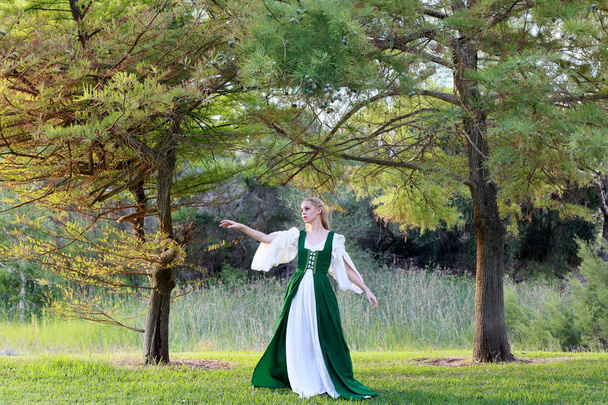täyspitkä muotokuva blondi nainen yllään vihreä keskiaikainen puku, vaeltaa läpi metsän
. - Valokuva, kuva