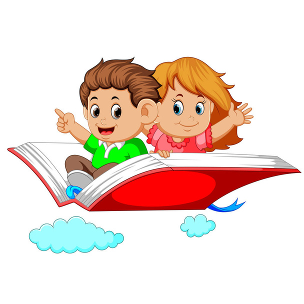 happy kids flying on big open book - Vector, Image