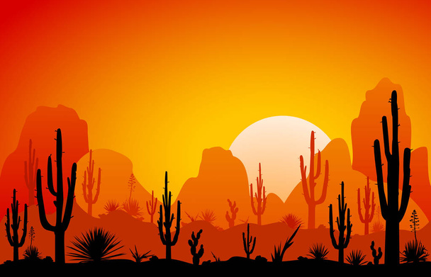 Sonnenuntergang in der Wüste. Silhouetten von Steinen, Kakteen und Pflanzen. Wüstenlandschaft mit Kakteen. Die steinige Wüste.                                                                                                                                              - Vektor, Bild