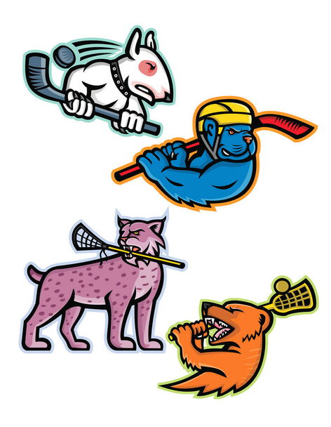 Kabala illusztráció ikonkészlet a lacrosse és a jégkorong sport sport csapat kabalái, mint egy bika telekkönyv és a bully amerikai kutya Jégkorong játékos vagy amerikai hiúz, hiúz és mongúz lacrosse elszigetelt háttérben retro stílusban. - Vektor, kép