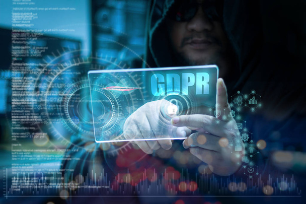 Hacker using clear tablet with HUD panel and code graph bar data analytsis element for cyber technology concept, dark and grain process, shallow depth of field select focus on hands - Foto, Imagem