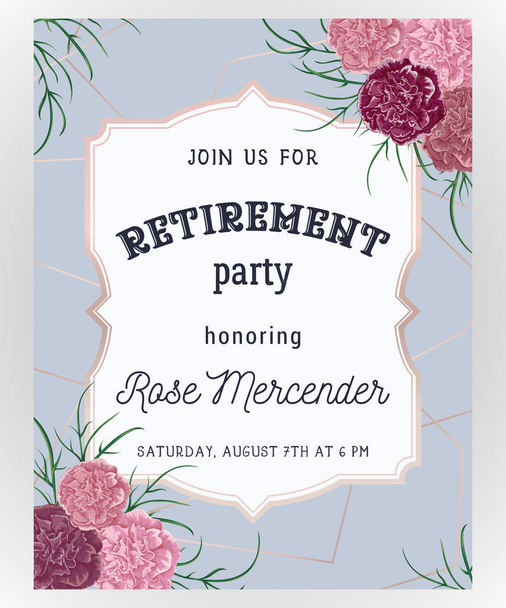 Retirement party invitation. Design template with rose gold polygonal frame and carnation flowers in watercolor style. Vector illustration  - Vector, Image