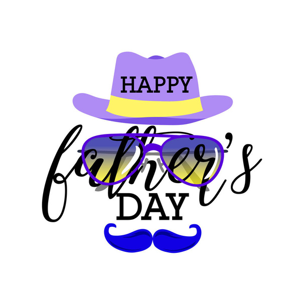 Happy fathers day simple greeting card with hat, glasses, mustaches on white background - Vector, Image