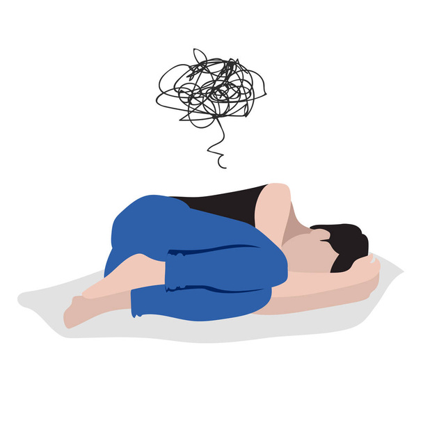Депрессивный человек лежит на полу изолированный на белом фоне
 - Вектор,изображение
