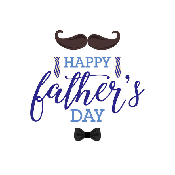 Ευτυχισμένος πατέρες ημέρα ευχετήρια κάρτα με μουστάκια, γραβάτες, παπιγιόν και γράμματα που απομονώνονται σε λευκό φόντο - Διάνυσμα, εικόνα
