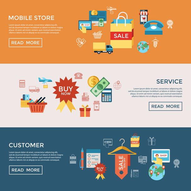 Iconos de línea vectorial digital establecen compras móviles e ilustración de tiendas con elementos para infografías de comercio electrónico en línea
 - Vector, imagen
