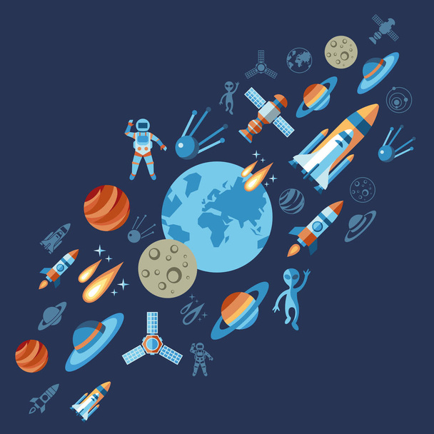 Iconos de línea vectorial digital establecen espacio e ilustración de cohetes con elementos para astronomía
 - Vector, Imagen