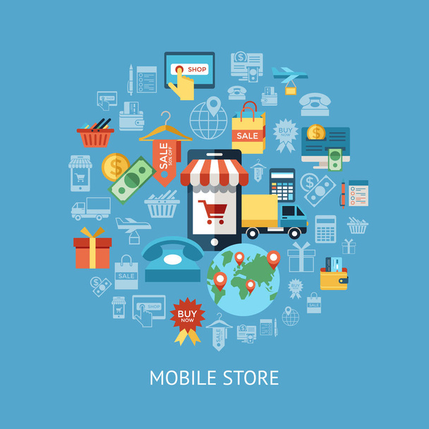 Dijital vektör hat simgeler mobil alışveriş ve illüstrasyon öğelerle çevrimiçi elektronik ticaret infographics için saklama - Vektör, Görsel