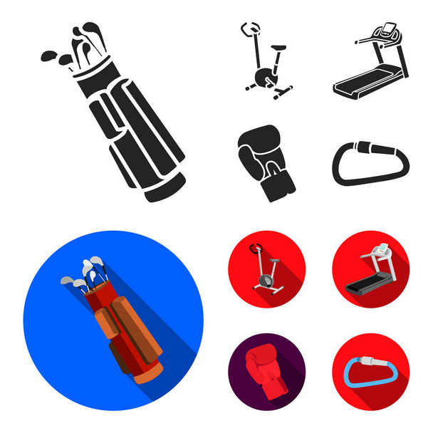 Exercise bike, treadmill, glove boxer, lock. Sport set collection icons in black, flat style vector symbol stock illustration web. - Vecteur, image