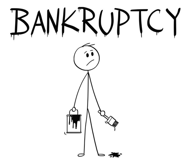 Dibujos animados del hombre de negocios con pincel y pintura puede pintar la bancarrota de la palabra
 - Vector, Imagen