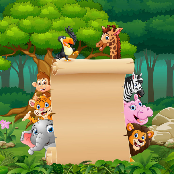 Abbildung von Tieren mit Papierschild im Wald - Vektor, Bild