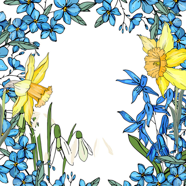 Rahmen mit Frühlingsblumen Narzissen und kleinen blauen Blüten. - Vektor, Bild